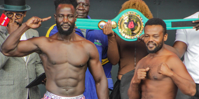 Joshua Wasike (L) during the Nightmare in Nairobi second edition weight-in with Tanzania's Jacob Maganga/ TEDDY MULEI