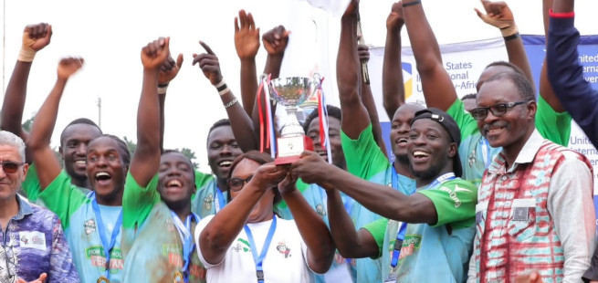 JKUAT Cougars celebrate after clinching the FASU 7s title/HANDOUT