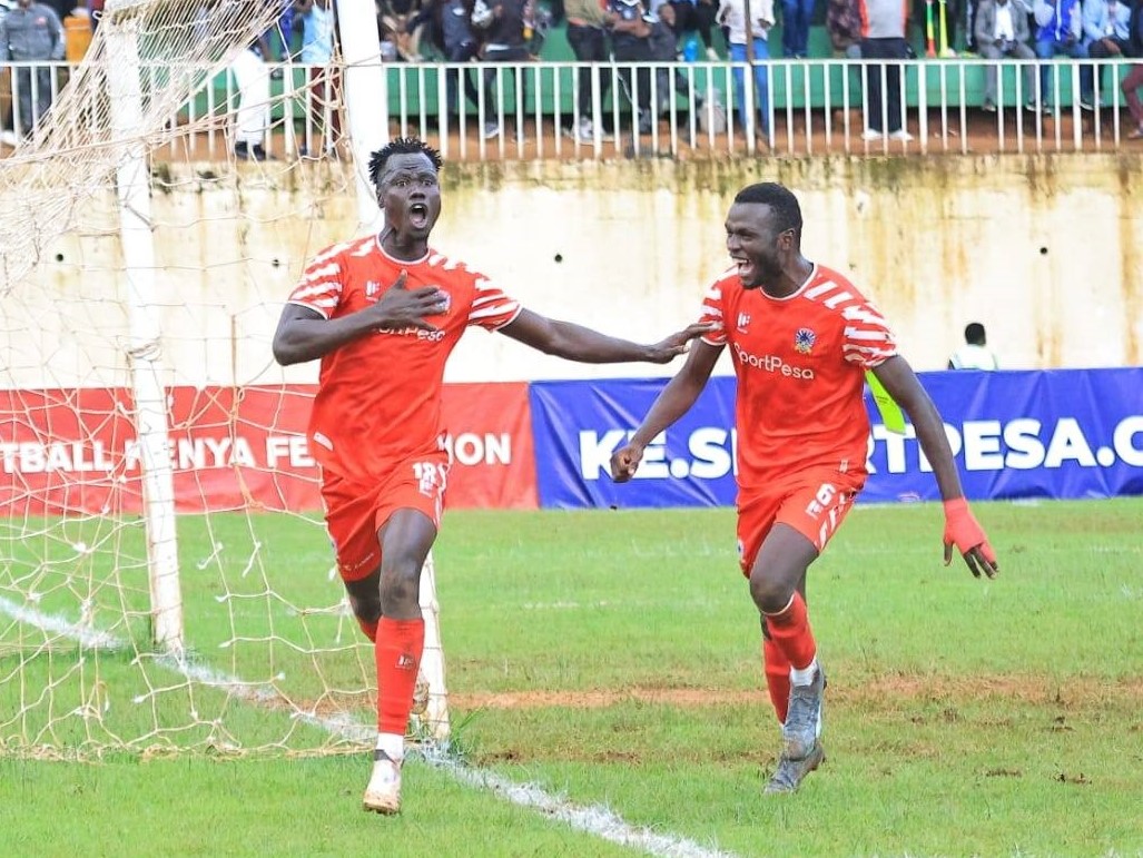 Shabana defenders Wycliffe Omondi and George Orako celebrate after Omondi scored Shabana's lone goal in their 1-0 win over Murang'a Seals