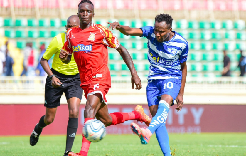 Marvin Nabwire of Police in action with AFC Leopards' Hassan Beja/AFC Leopards/HANDOUT