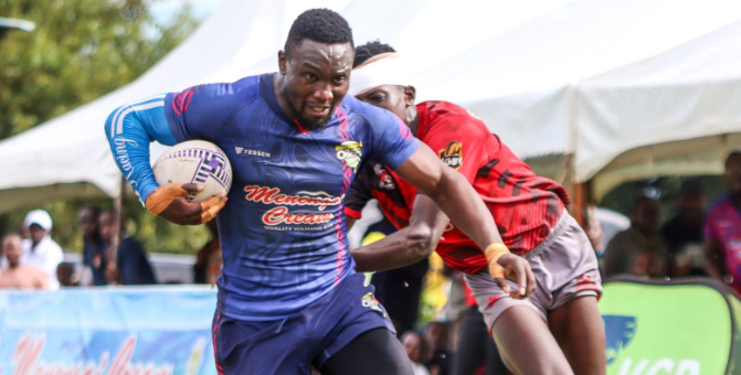 Menengai Oilers winger Beldad Ogeta fends off a Buffaloes player during a recent Enterprise Cup quarterfinal match/FILE