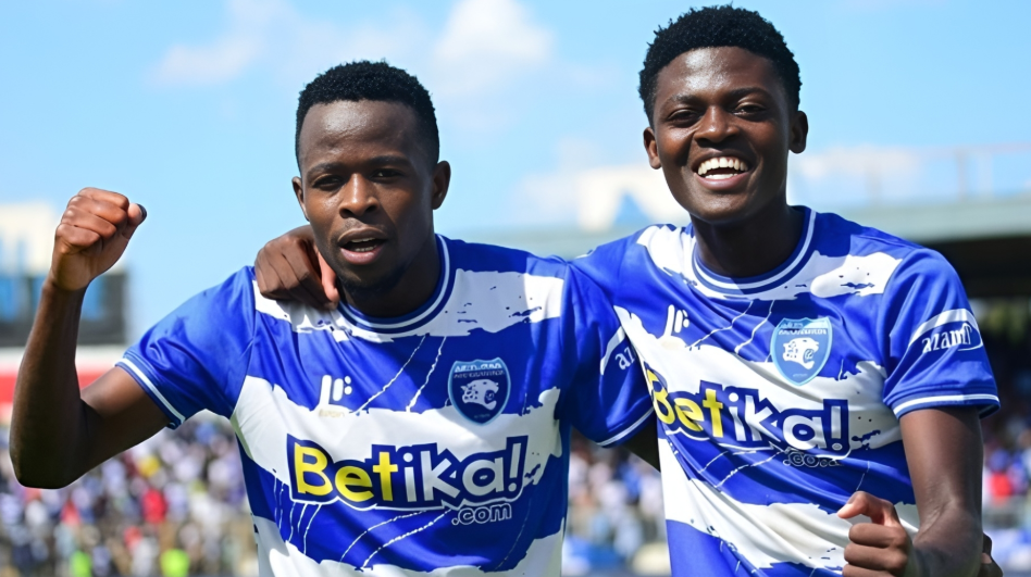 AFC Leopards forward Ronald Sichenje (left) and Kelly Madada celebrate their goal against Muranga Seal at Nyayo Stadium/HANDOUT