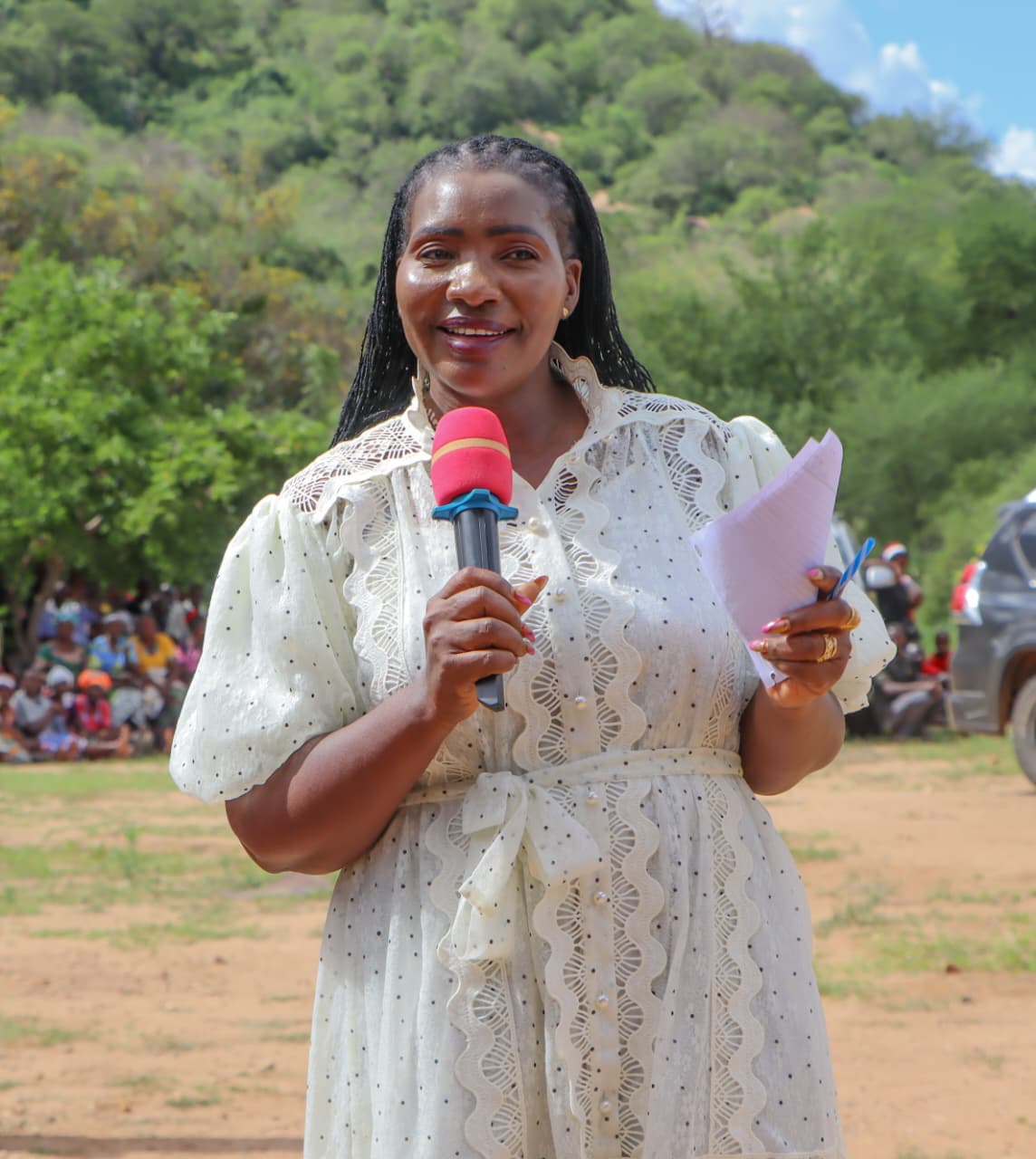 Kitui South MP Rachel Nyamai speaking at the public participation forum in Mutha on Friday.