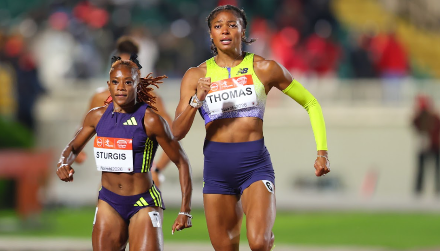 Gabby Thomas (R) and Cambrea Sturgis sprint in the women's 200m/ HANDOUT