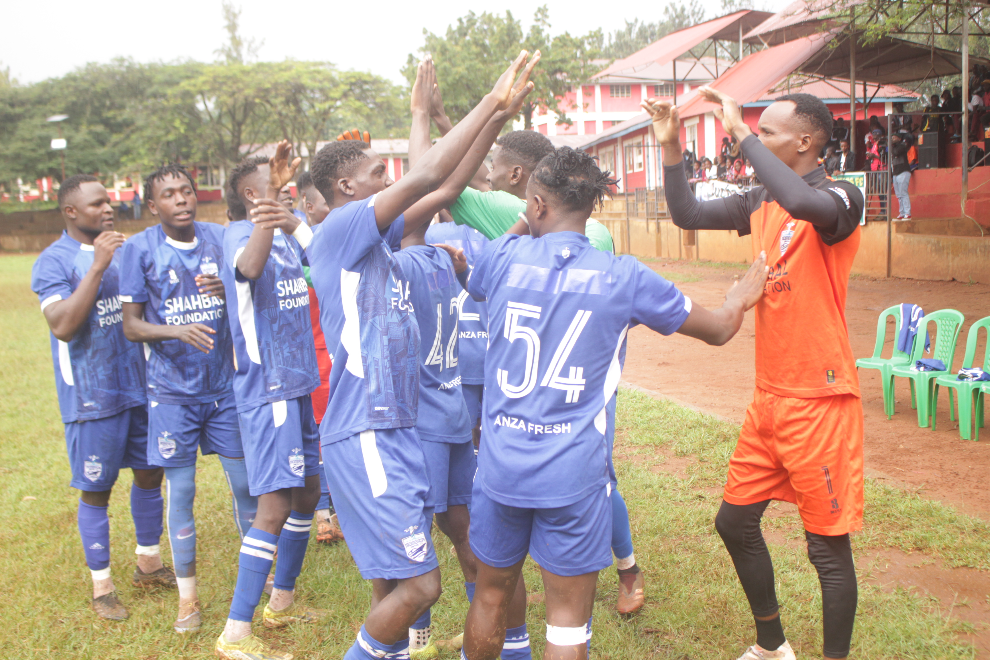 Mombasa United players celebrate at Gusii Stadium on Sunday