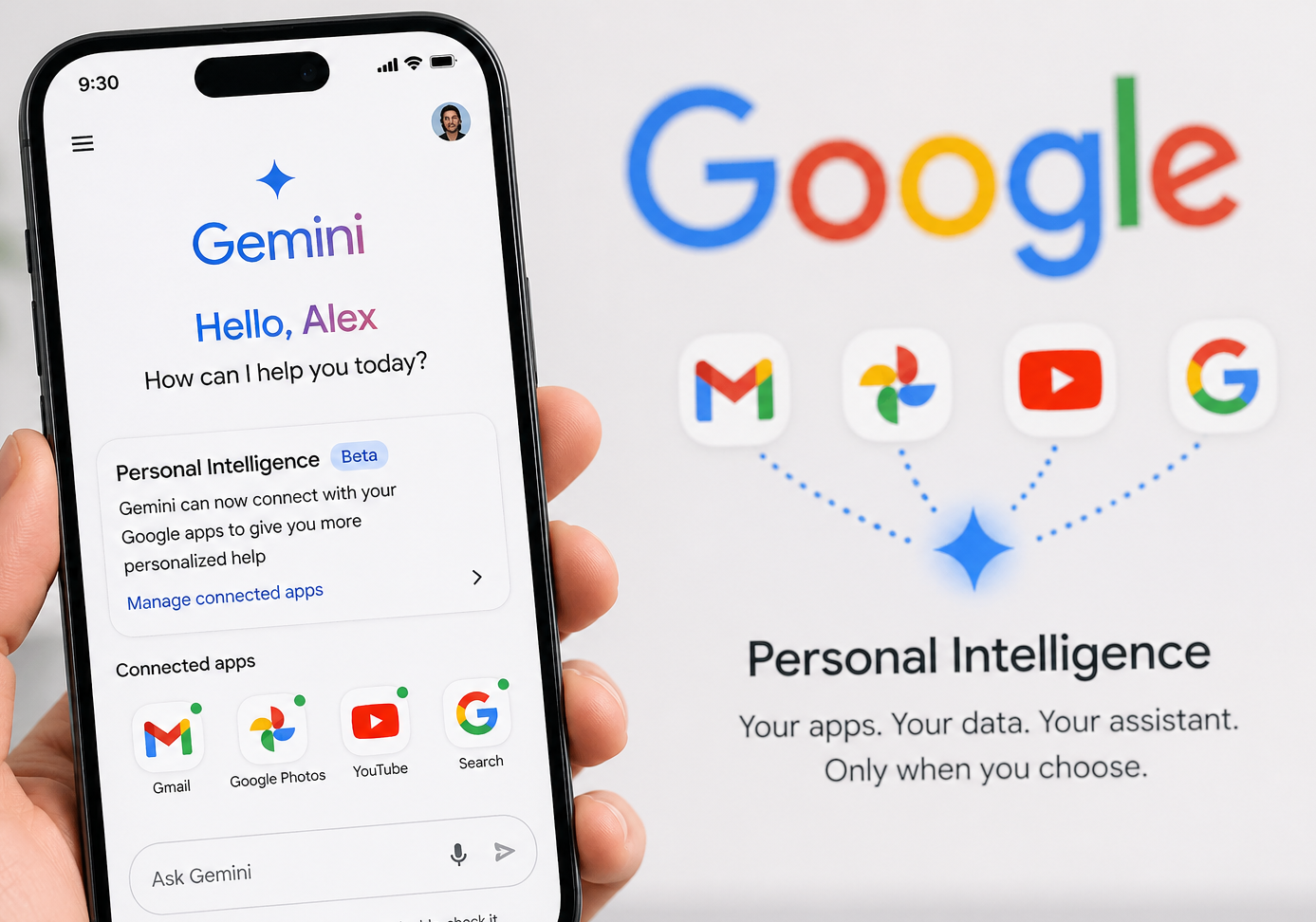 Google’s Gemini app showing the new “Personal Intelligence” feature that connects Gmail, Photos and YouTube to deliver more personalised assistance.
