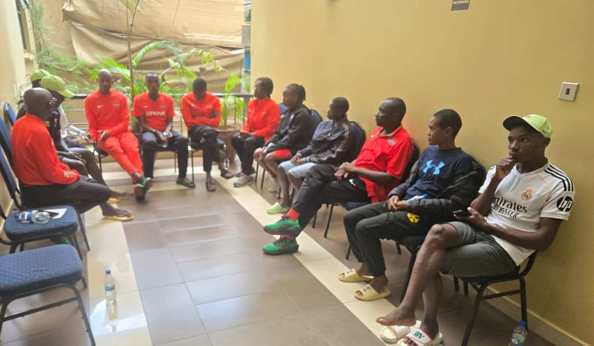 Team Kenya during a meeting after their arrival in Nairobi on Wednesday
