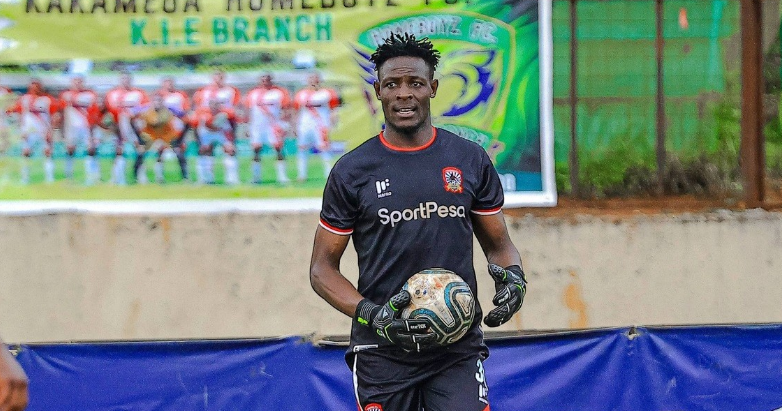 Shabana goalkeeper Stephen Ochieng in action against Kakamega Homeboyz on Saturday at Gusii Stadium/ANGWENYI GICHANA