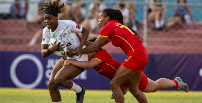 Kenya Lionesses Marvin Oswago goes past the Spanish defence during the HSBC Division Two series leg in Sao Paulo recently/HANDOUT