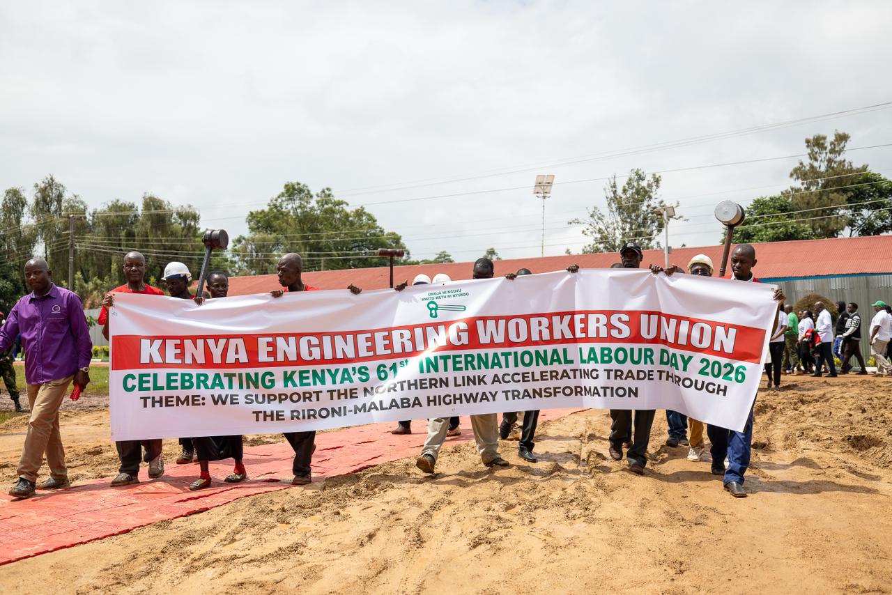 Members of the Kenya Engineering Workers Union stage a march during Labour Day celebrations in Vihiga on May 1, 2026/PCS