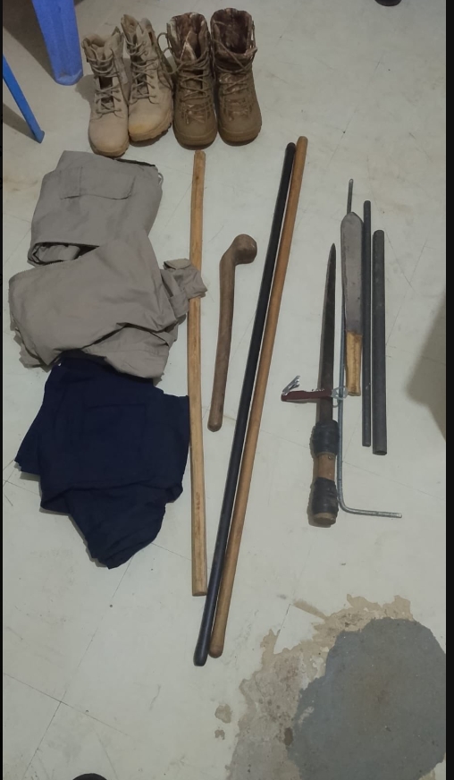 Seized sharp weapons, rungus, boots and clothing suspected to be linked to organised activity.