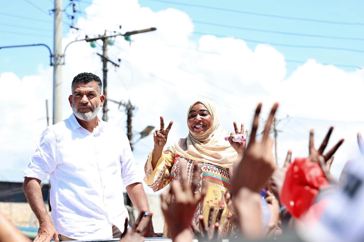 Mombasa governor Abdulswamad Nassir and Likoni MP Mishi Mboko, during a political rally stopover at the Likoni crossing channel on Tuesday.
