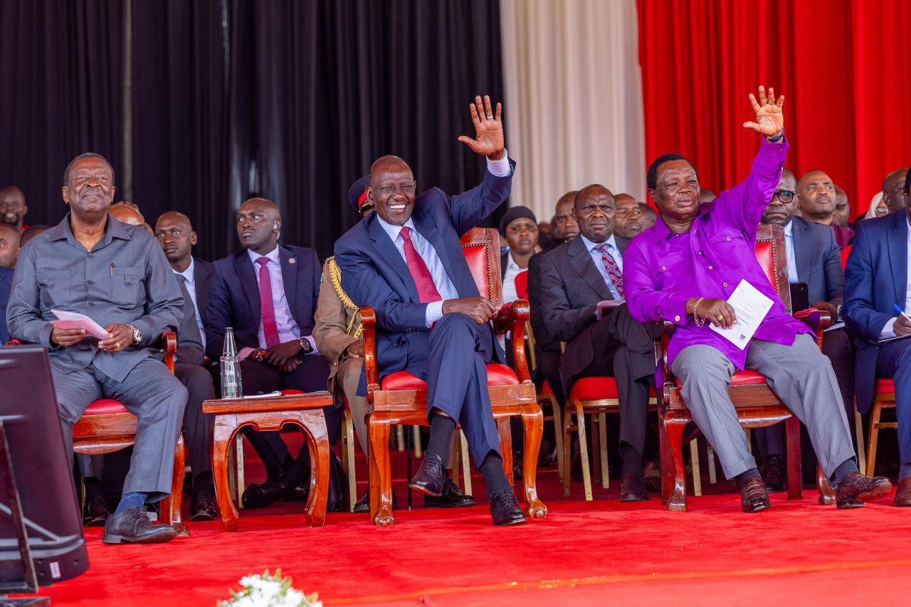 PCS Musalia Mudavadi, President William Ruto and Cotu boss Francis Atwoll during Labour Day celebrations at Chavakali Boys Highh School in Vihiga County on May 1, 2026