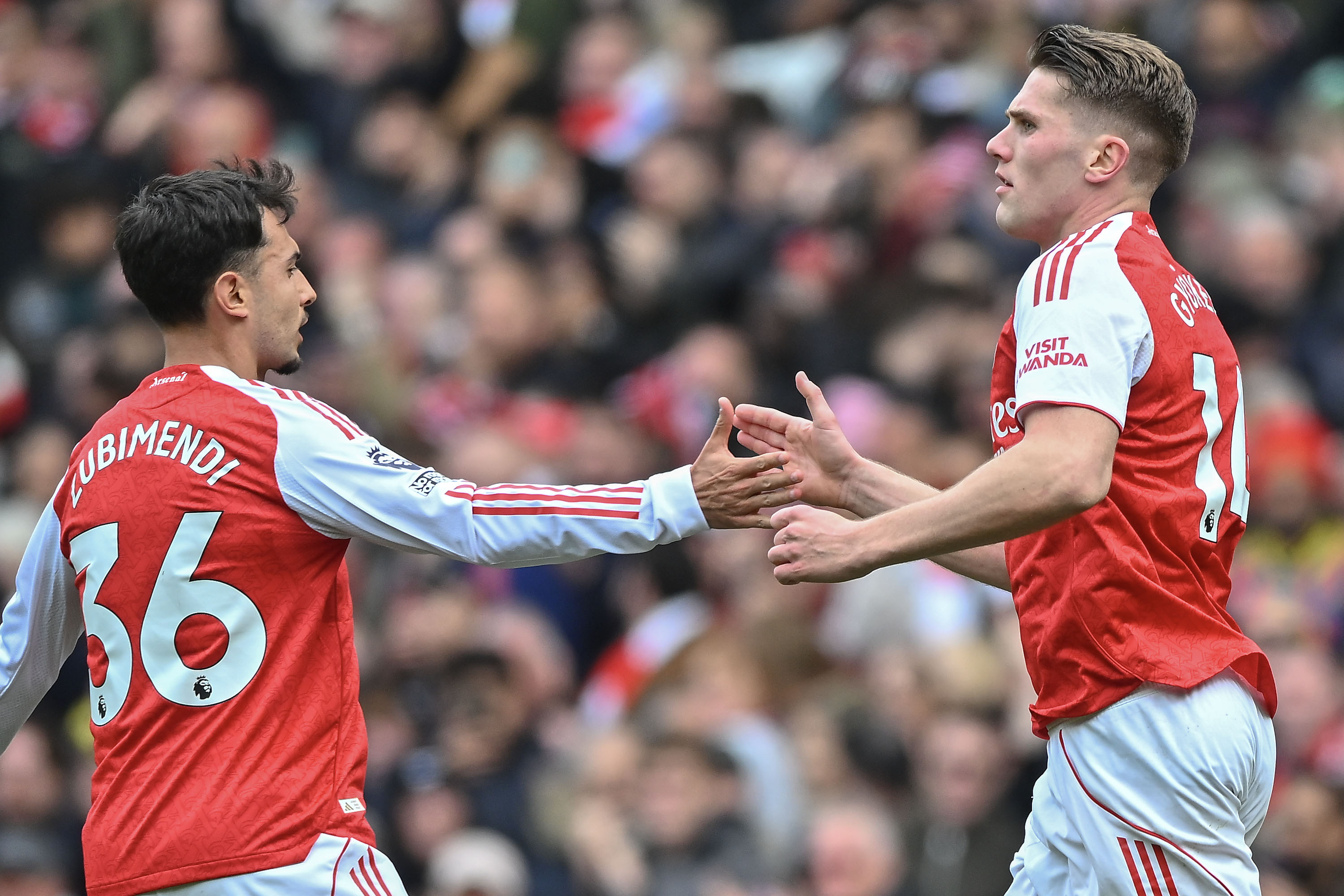 Arsenal's Viktor Gyokeres (R) celebrates scoring with Martin Zubimendi during a previous English Premier League match