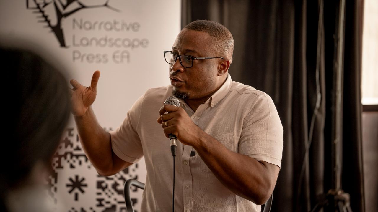 Nigerian writer and medical doctor Eghosa Imasuen speaking during the preview of his new book The Challengers in Nairobi on May 7, 2026 / MOSES MWANGI
