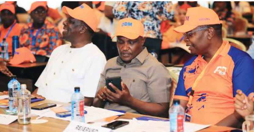 Cooperatives CS Wycliffe Opraranya, Treasury CS John Mbadi and Busia Governor Paul Otuoma during the ODM retreat in Mombasa on Monday /JOHN CHESOLI