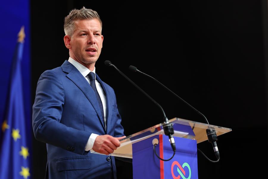 Peter Magyar, leader of Hungary's Tisza Party, speaks at an international press conference in Budapest, Hungary, April 13, 2026. (Photo by David Balogh/Xinhua)