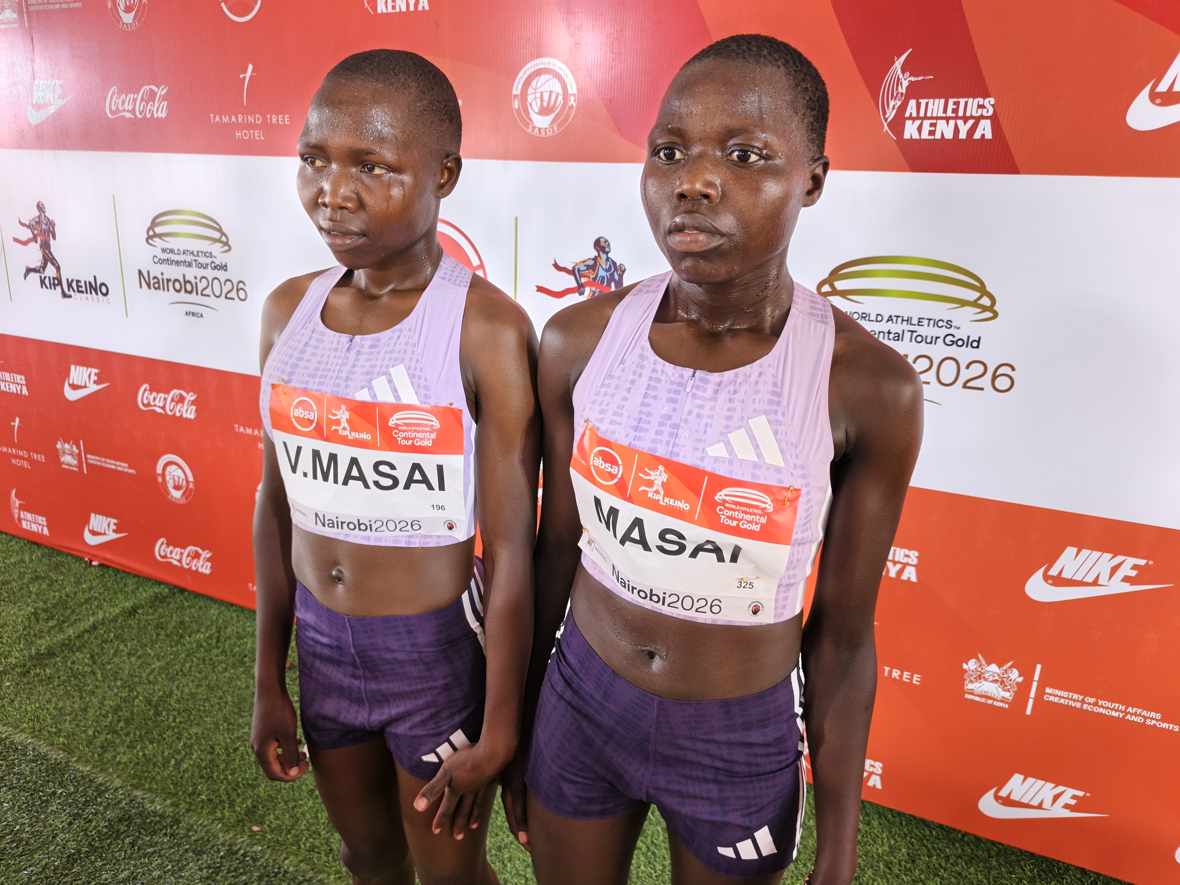Venenza Chebet Masai (L) with her sister Linda Chepng'eno after a 1-2 finish during the 7th Kip Keino Classic