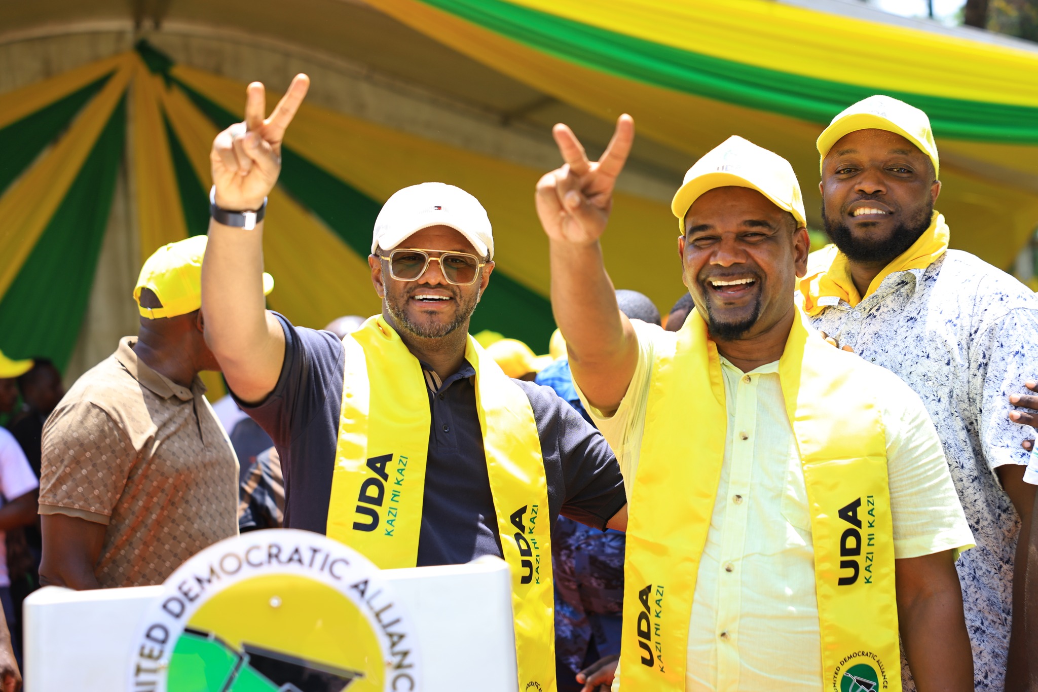 UDA secretary general Hassan Omar and former Kisauni MP Ali Mbogo at the Hustler Center in Nyali on March 18.