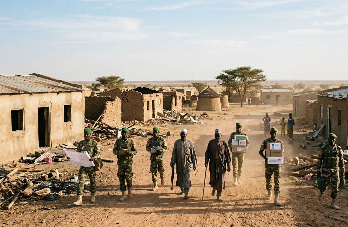 Residents and security personnel gather in central Mali following attacks on villages in Mopti region that reportedly left dozens dead.