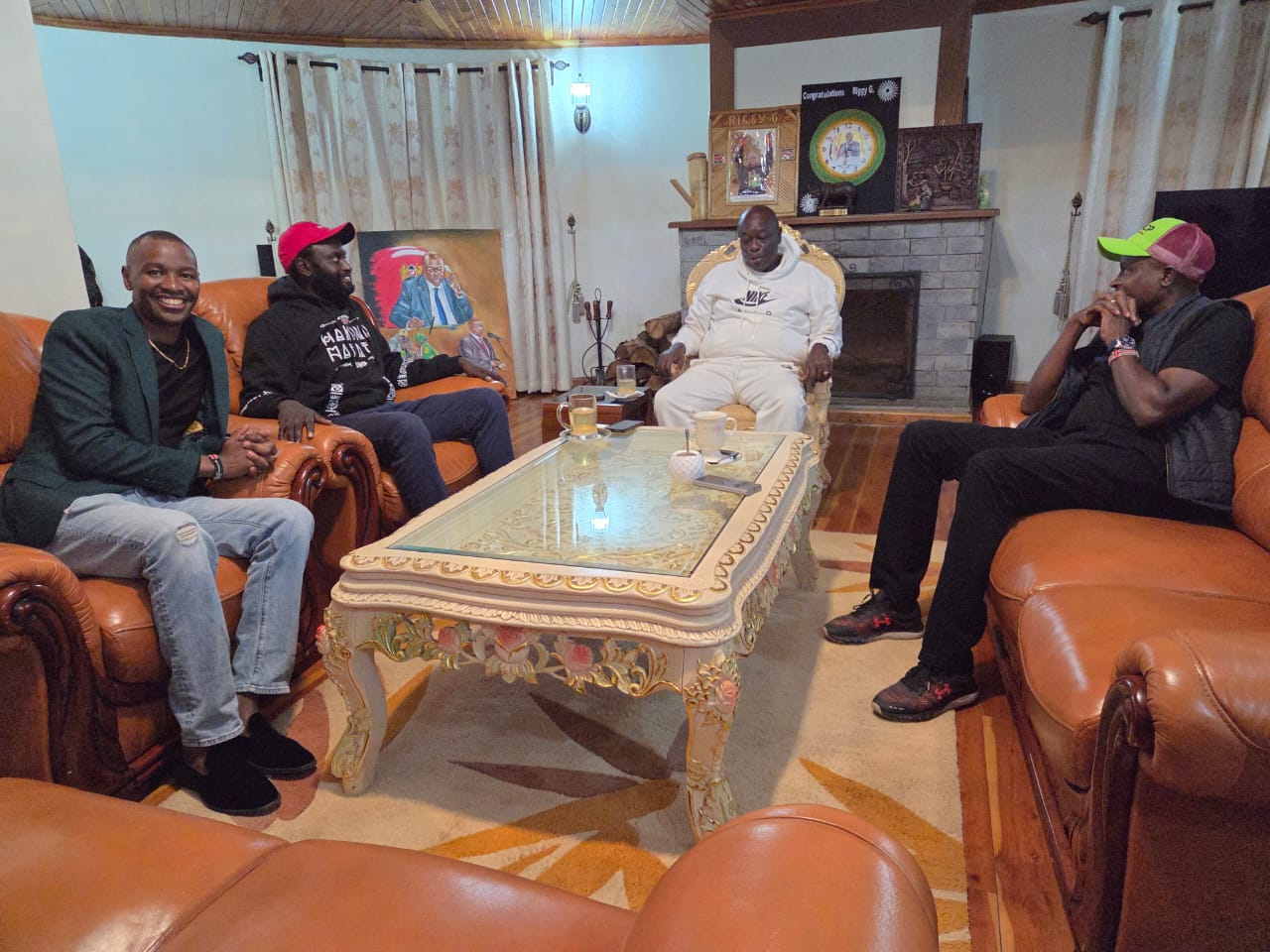 Mugithi musician Samuel Muchoki, alias Samidoh, Nyandarua Senator John Methu and Eala MP Kanini Kega meet DCP leader Rigathi Gachagua on May 7 ahdead of their trip to London, the UK