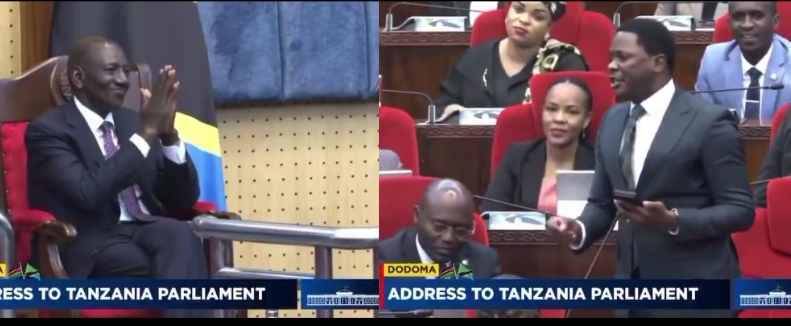 President William Ruto (left) inside the Tanzania parliament and Singida West MP Emmanuel Kingu on Tuesday, May 5, 2026/SCREENGRAB