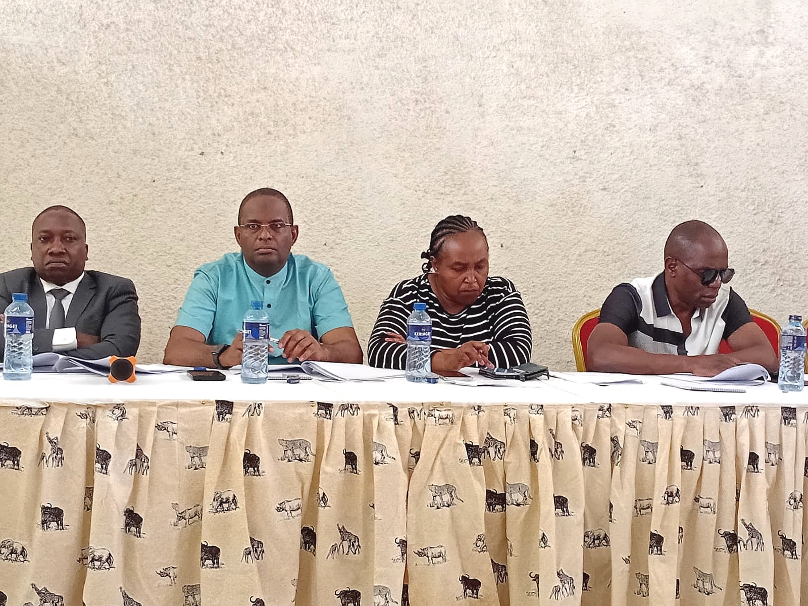 MPs Anthony Oluoch(Mathare), Marianne Keitany (Aldai) and Wario Adhe Hiyo(North Horr) and Kakamega Deputy County Commissioner Titus Mulei during a public participation on the proposed Street Vendors Bill 2023 at Magharibi hall in Kakamega on Tuesday