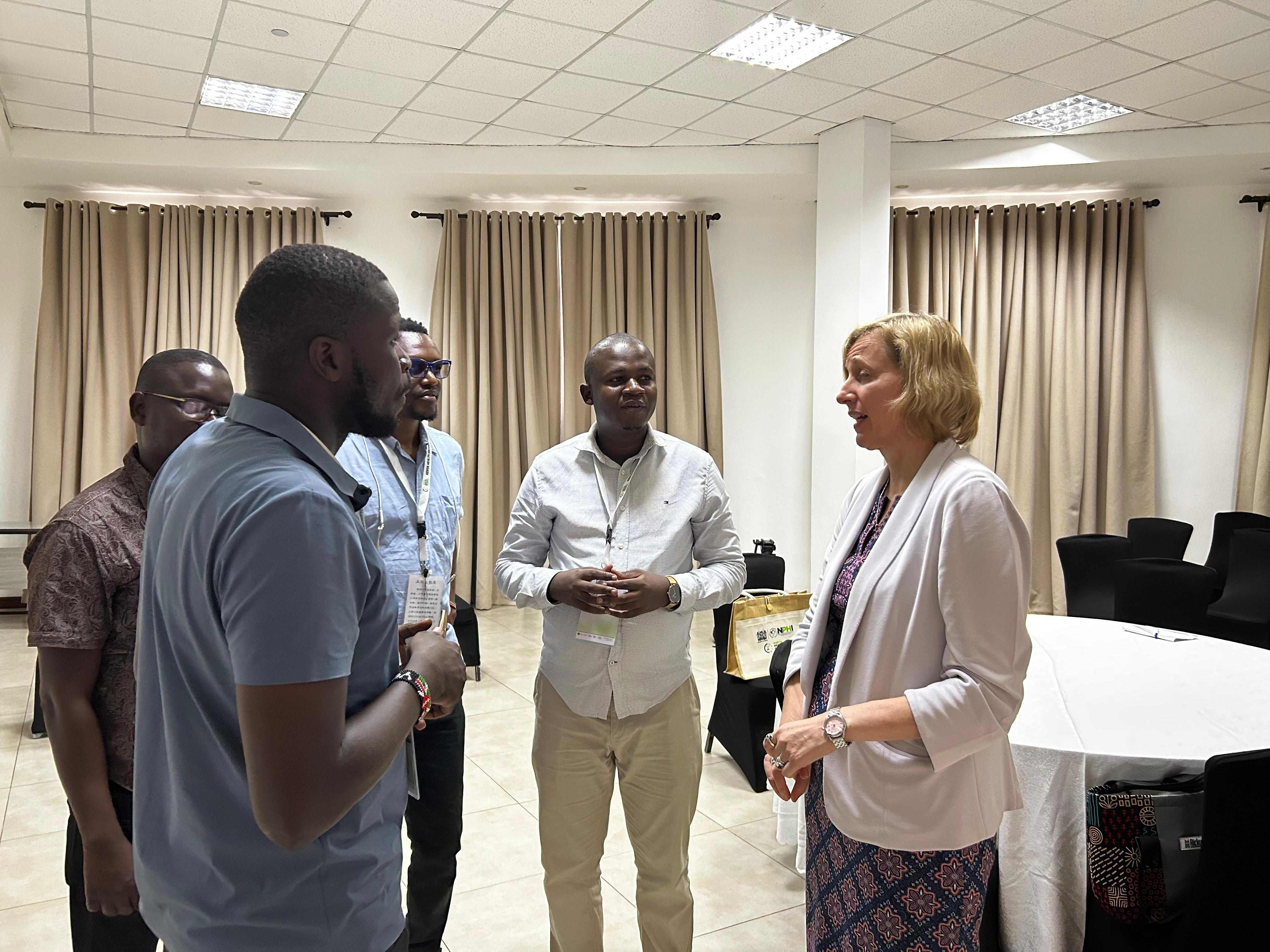 Acting US ambassador and charge d’affaires Susan Burns chats with Mombasa journalists on Tuesday during the inaugural Kenya Health Security Convention in Mombasa.