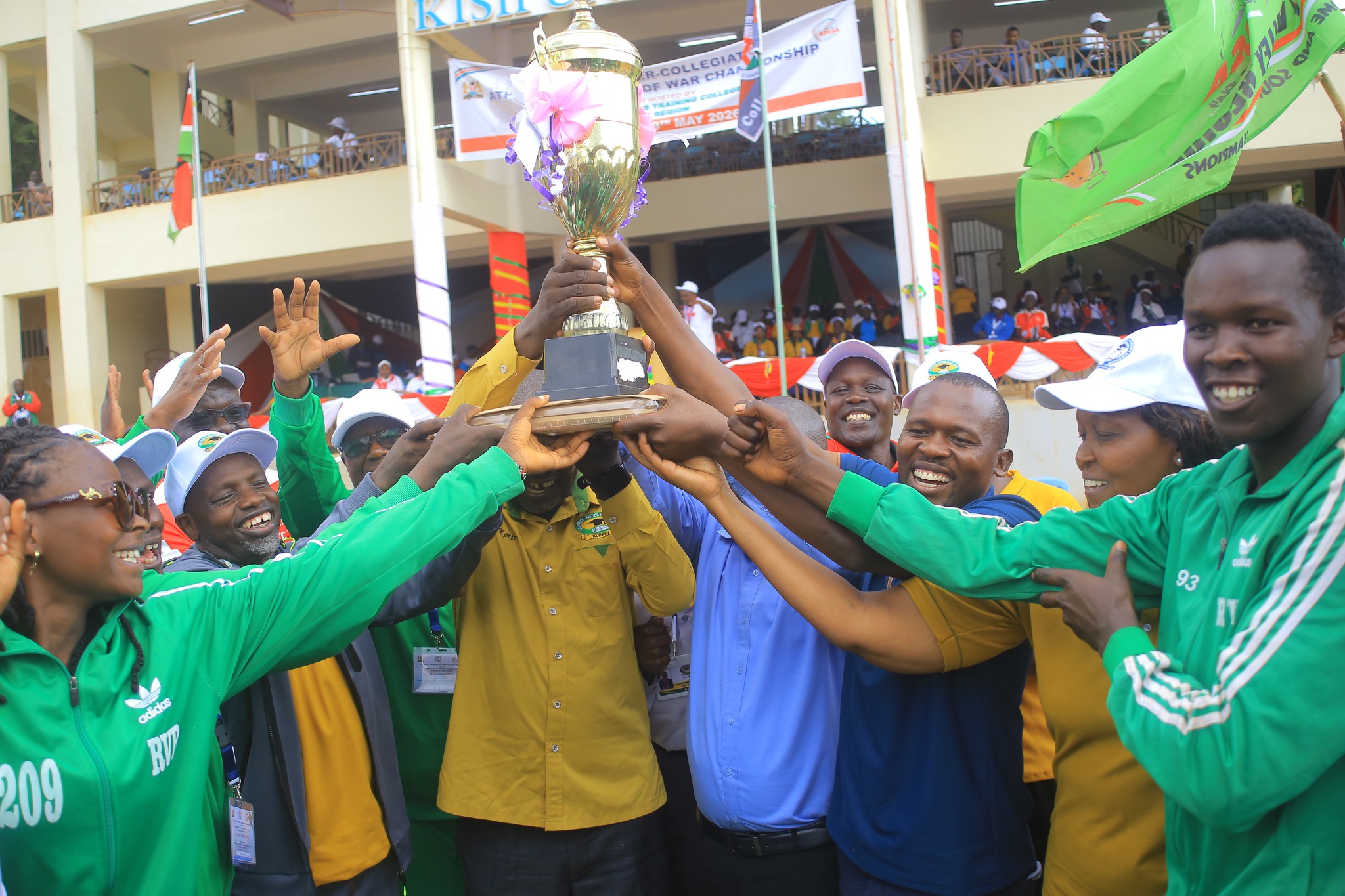 Rift Valley celebrates after lifting the national Inter Collegiate Athletics and Tug of War championships overall title at Kisii University