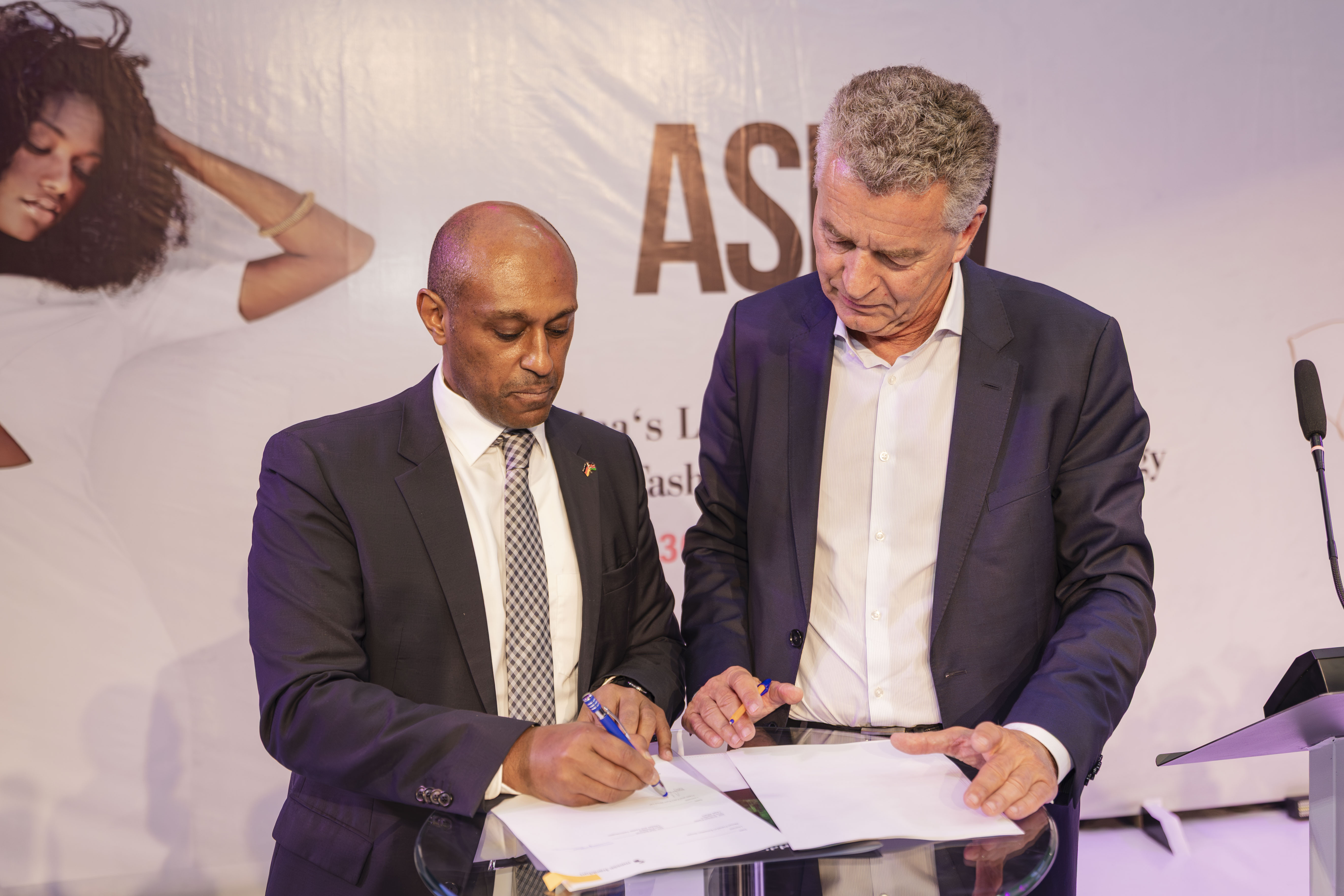 Trade and Fairs Group CEO Skander Negasi with Detlef Braun, member of the executive board, Messe Frankfurt, during the signing ceremony between Messe Frankfurt Exhibition GmbH and Trade and Fairs Group at the 5th Africa Sourcing and Fashion Week (ASFW) Nairobi/HANDOUT