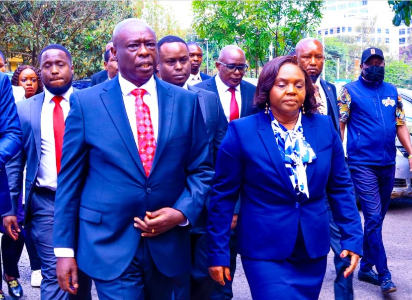 Former Deputy President Rigathi Gachagua and his spouse, Dorcas Gachagua, arrive at Milimani Court, April 27, 2026/GACHAGUA/X