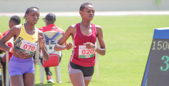 Josephine Sembeyo (R) and Caren Chepchirchir compete at the AK World U20 trials at Nyayo stadium/ TEDDY MULEI