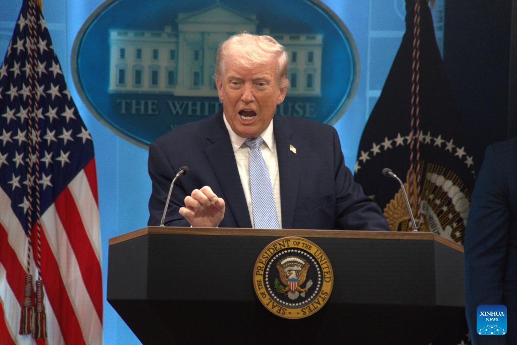 U.S. President Donald Trump speaks during a press conference at the White House in Washington, D.C., the United States, April 6, 2026. Trump said Monday that Iran could be "taken out" in one night and that night "might" be Tuesday evening, the deadline Trump set for Iran to make a deal and reopen the Strait of Hormuz. (Photo by Li Yuanqing/Xinhua)