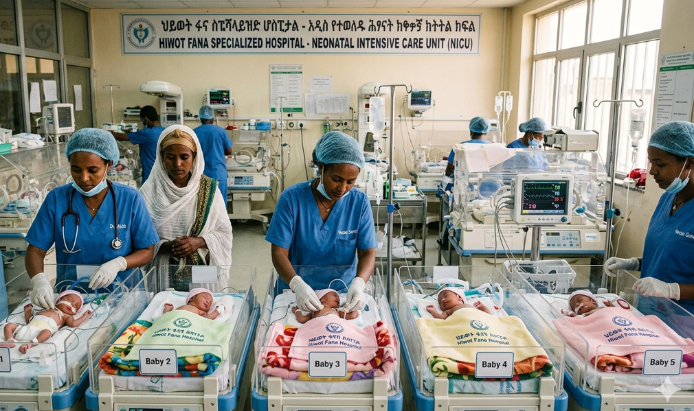 “Newborn quintuplets receiving care at Hiwot Fana Specialized Hospital in Ethiopia
