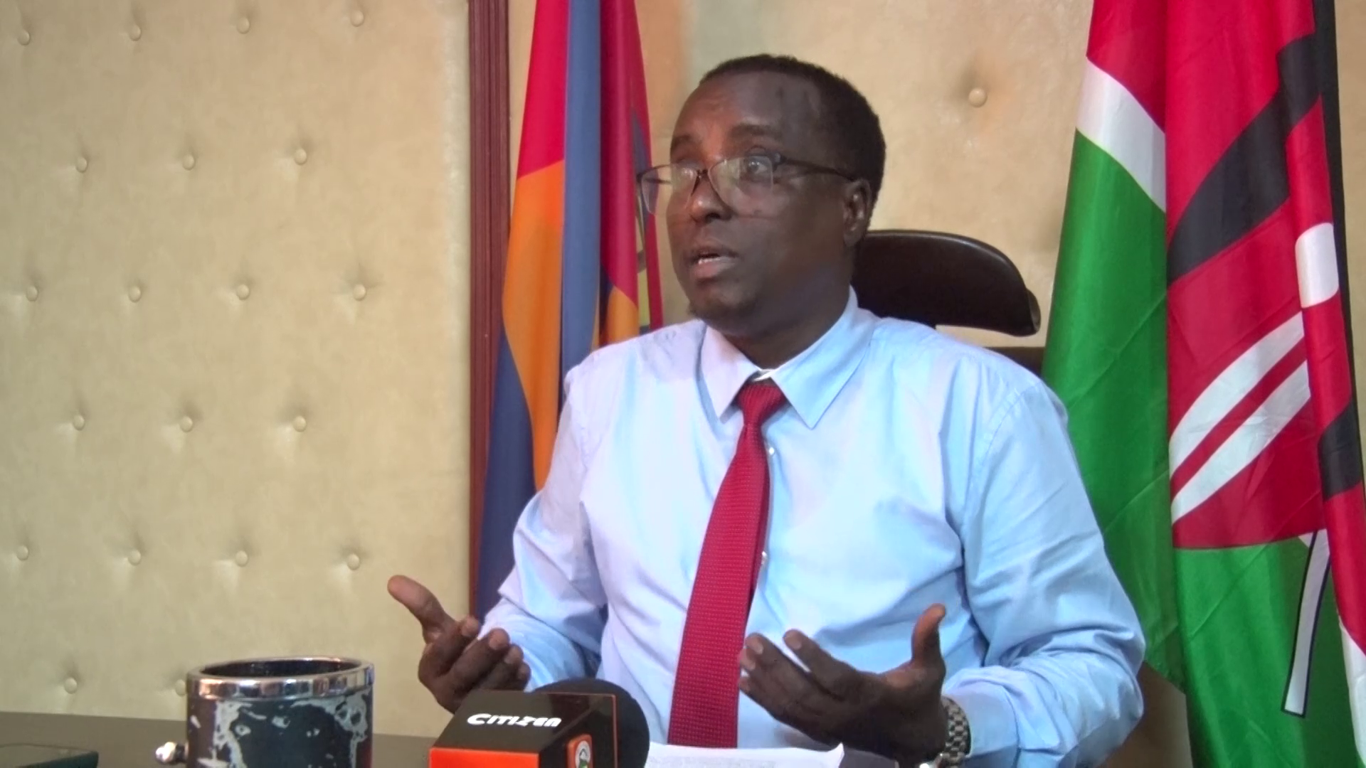 Garissa County Assembly Speaker Abdi Idle speaking to journalists in his office.