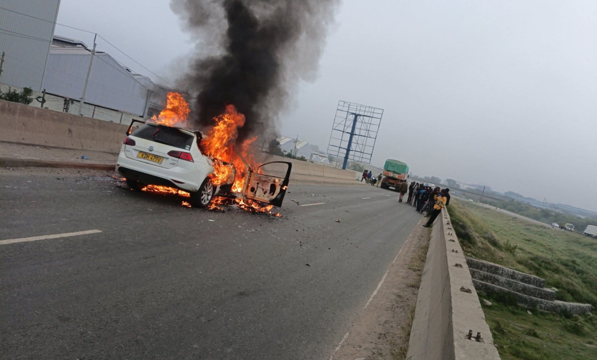 A car that broke into flames following a road crash along Mombasa highway in Athi River, Machakos County on May 10, 2026.