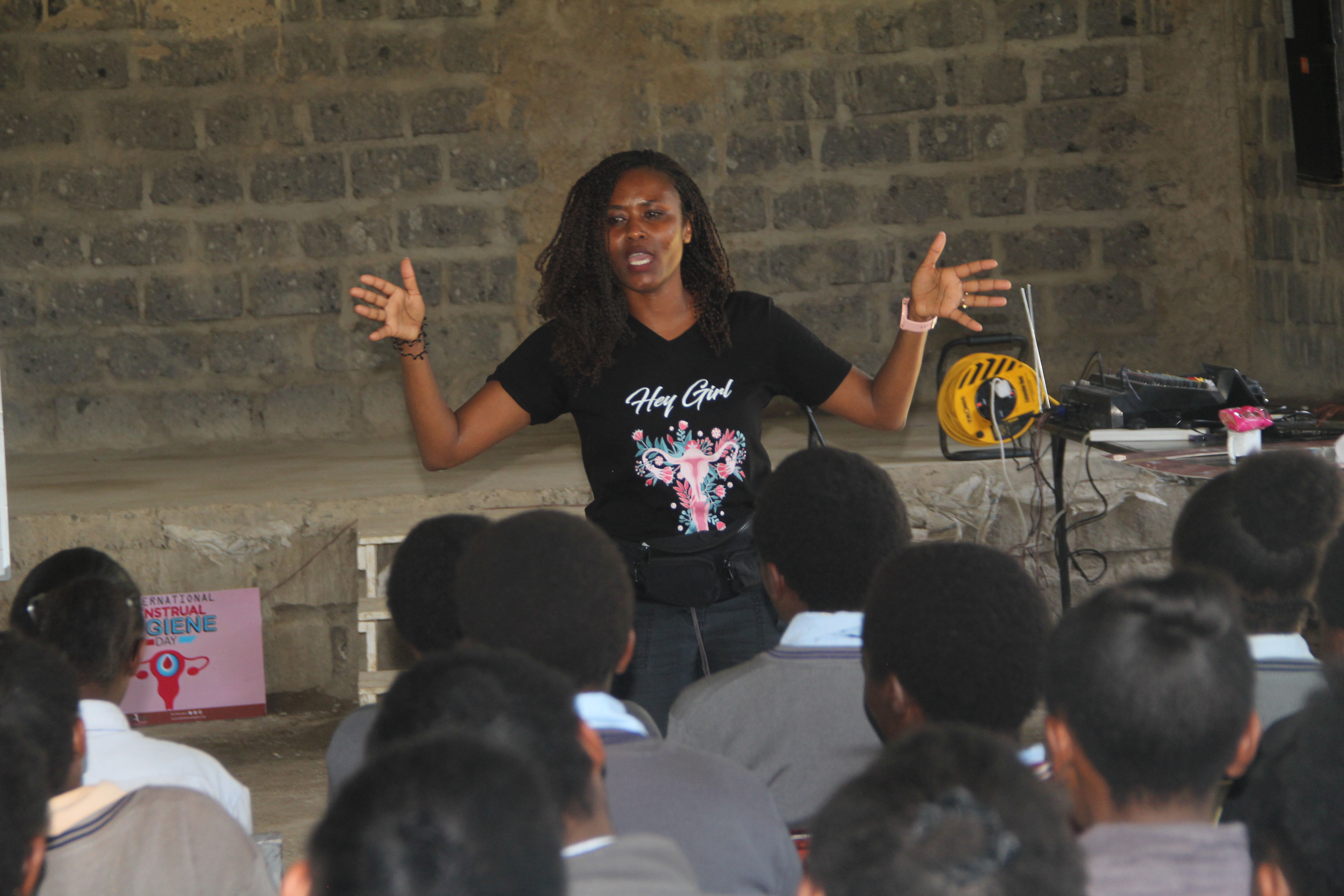 Binti Mwangaza founder Ann Gakii addressing learners on menstrual hygiene at Likii Day Secondary school in Nanyuki on May 27, 2026/ ALICE WAITHERA