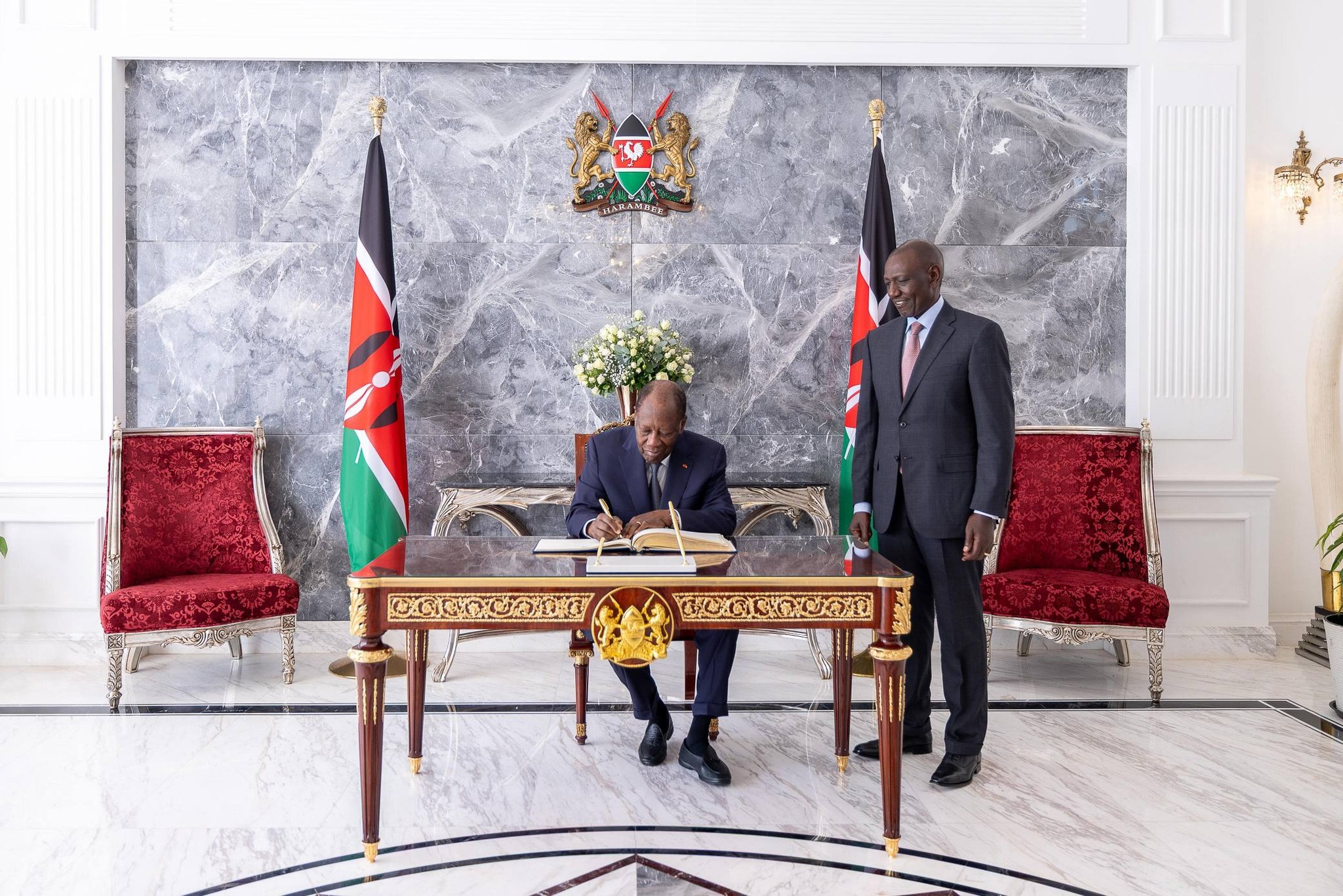 President Alassane Ouattara of Côte d’Ivoire, and Kenya's William Ruto at Statehouse Nairobi