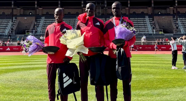Edwin Kosgei (L) with Onesmus Kiplimo and Silas Sugut (R) at last year's Stockholm marathon/ HANDOUT