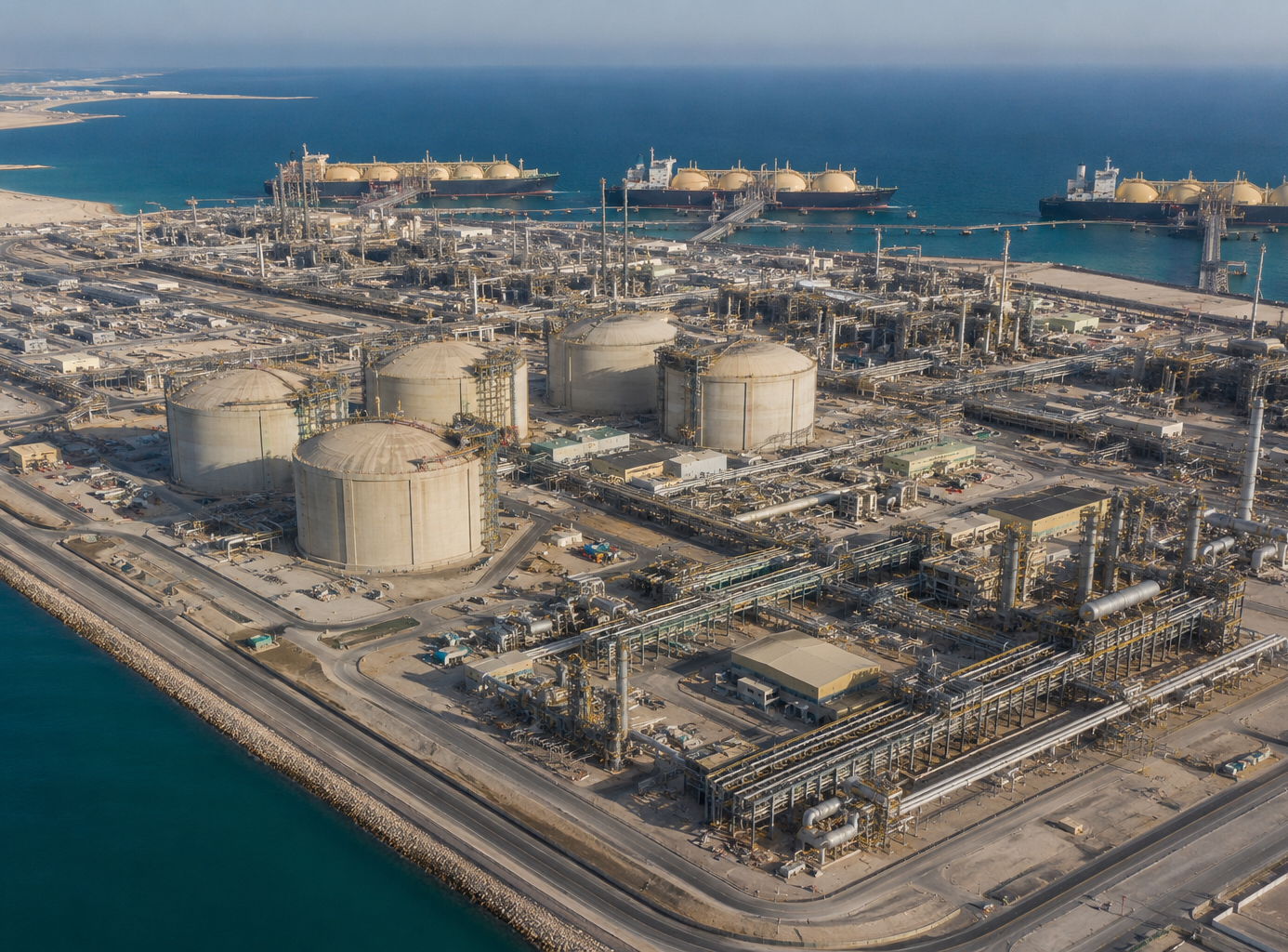 Aerial view of a coastal LNG industrial complex with storage tanks, pipelines and export terminals