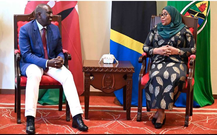 President William Ruto with Tanzanian counterpart Samia Suluhu Hassan in State House Dar es Salaam, on October 10, 2022 /PCS/FILE