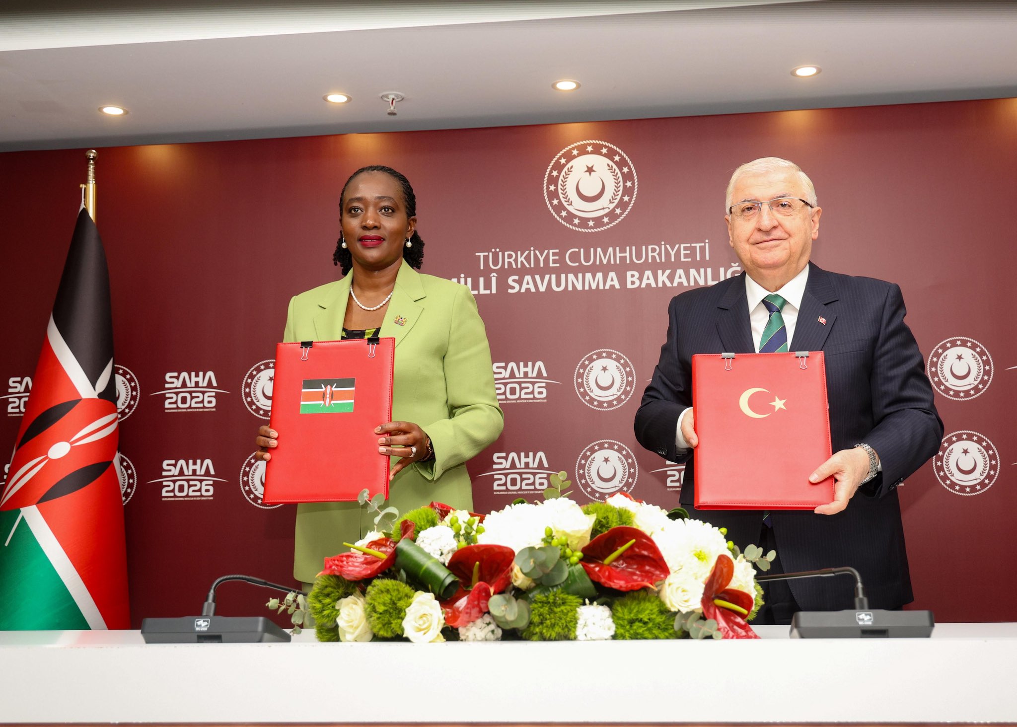 Defence Cabinet Secretary Soipan Tuya and Türkiye’s Defence Minister Yaşar Güler on the sidelines of the 5th International Defence and Aerospace Exhibition (SAHA Expo) in Istanbul on May 6, 2026