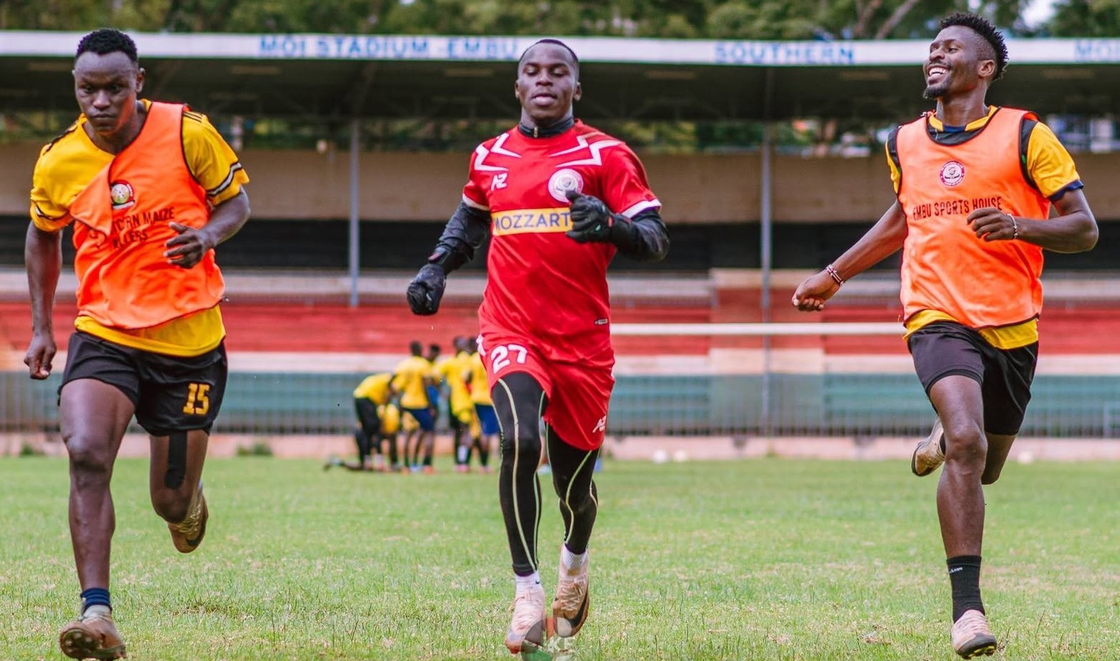 3K FC players during a training session at Moi Stadium in Embu/ HANDOUT