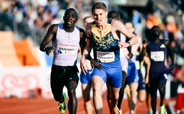 Emmanuel Wanyonyi battles with American Cooper Lutkenhaus at the finish line of the men's 800m at the Oslo Diamond League/ HANDOUT