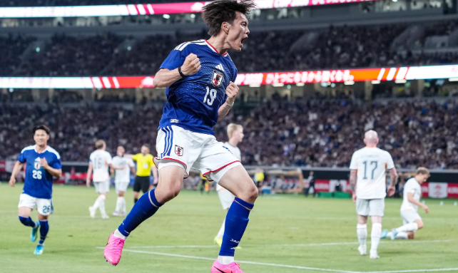 Ogawa Koki of Japan celebrates after scoring during a friendly football match between Japan and Iceland in Tokyo/ XINHUA