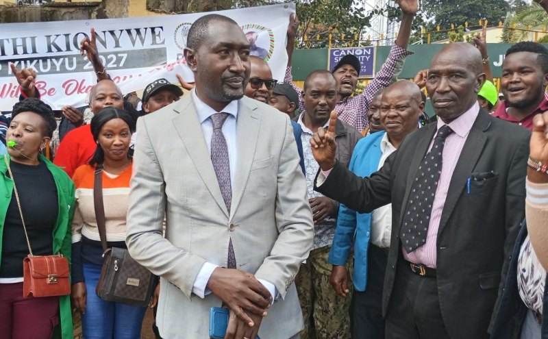 Stephen Kigathi who has been charged with arson with his supporters at Kiambu law courts on June 12, 2026/ ALICE WAITHERA