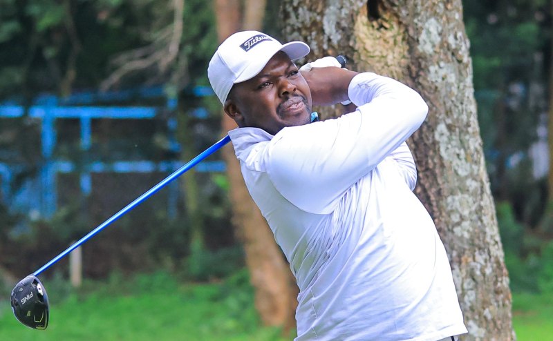 Karen Country Club's Edwin Mudanyi tees off during the Kabete Challenge at VetLab Sports Club