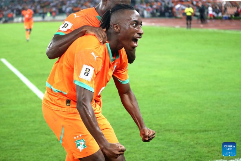 Yan Diomande of Cote d'Ivoire celebrates his goal during the FIFA World Cup 2026 CAF Qualifiers Group F match between Cote d'Ivoire and Kenya in Abidjan, Cote d'Ivoire, Oct. 14, 2025. (Photo by Yvan Sonh/Xinhua)
