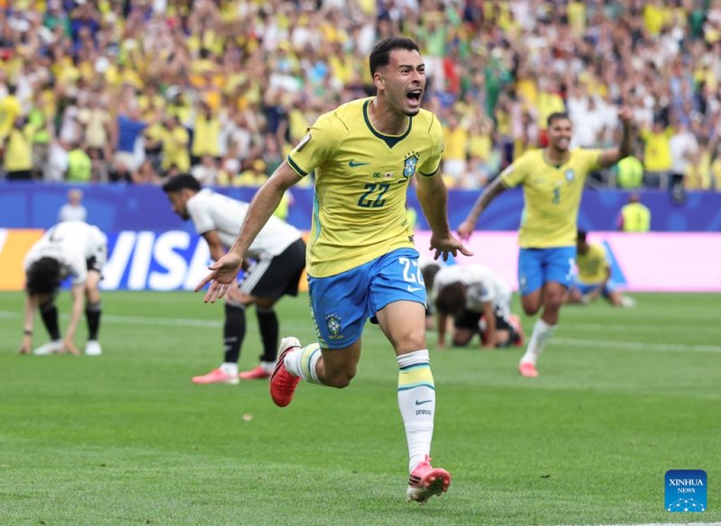 Gabriel Martinelli of Brazil celebrates a goal during the round of 32 match between Brazil and Japan at the 2026 FIFA World Cup at Houston Stadium in Houston, the United States, June 29, 2026. (Xinhua/Li Ming)