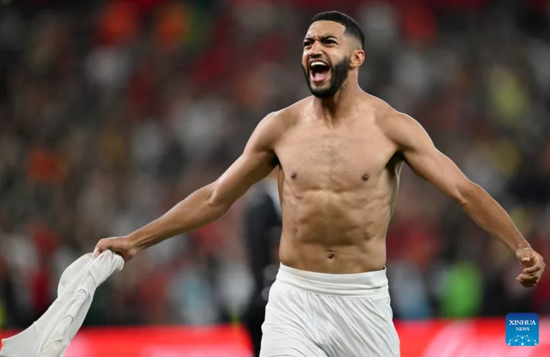 Ismael Saibari of Morocco celebrates as he scores a penalty kick in the penalty shoot-out during the round of 32 match between the Netherlands and Morocco at the 2026 FIFA World Cup at Estadio Monterrey in Monterrey, Mexico, on June 29, 2026. (Xinhua/Wu Wei)